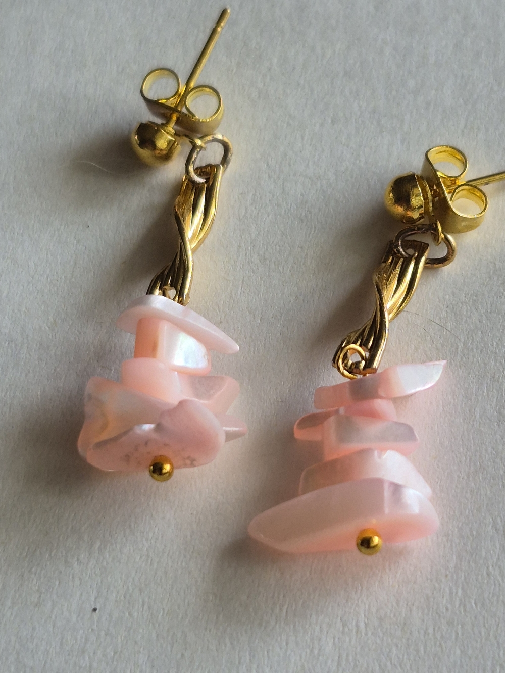 Handmade Pink Mother Of Pearl Shell Chip Drop Earrings - Gold Accents - Picture 4 of 6